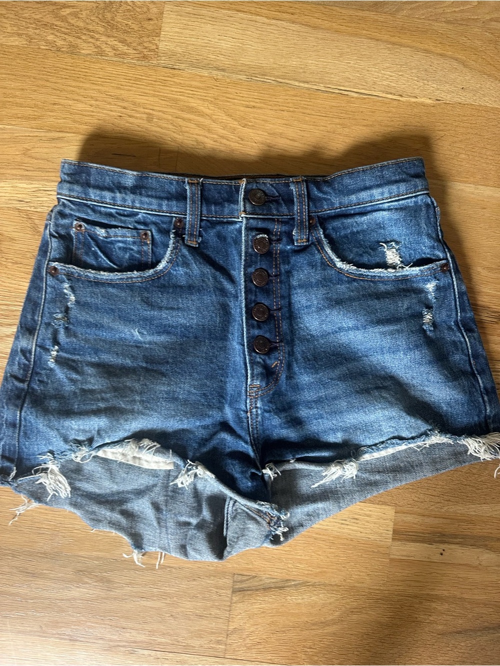 Abercrombie & Fitch High-Waist Distressed Blue Denim Shorts